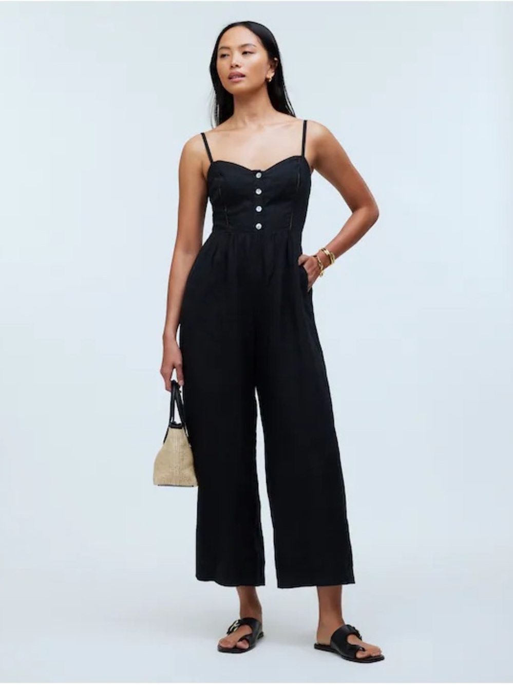 Madewell Sleeveless Wide-Leg Jumpsuit in 100% Linen • size 6 • NP077 •True Black
